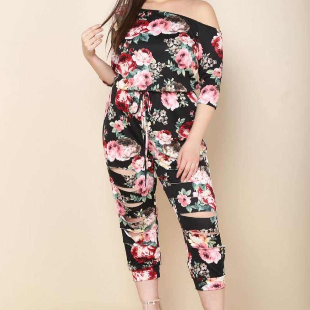 Plus Size Off The Shoulder Floral Print Jumpsuit